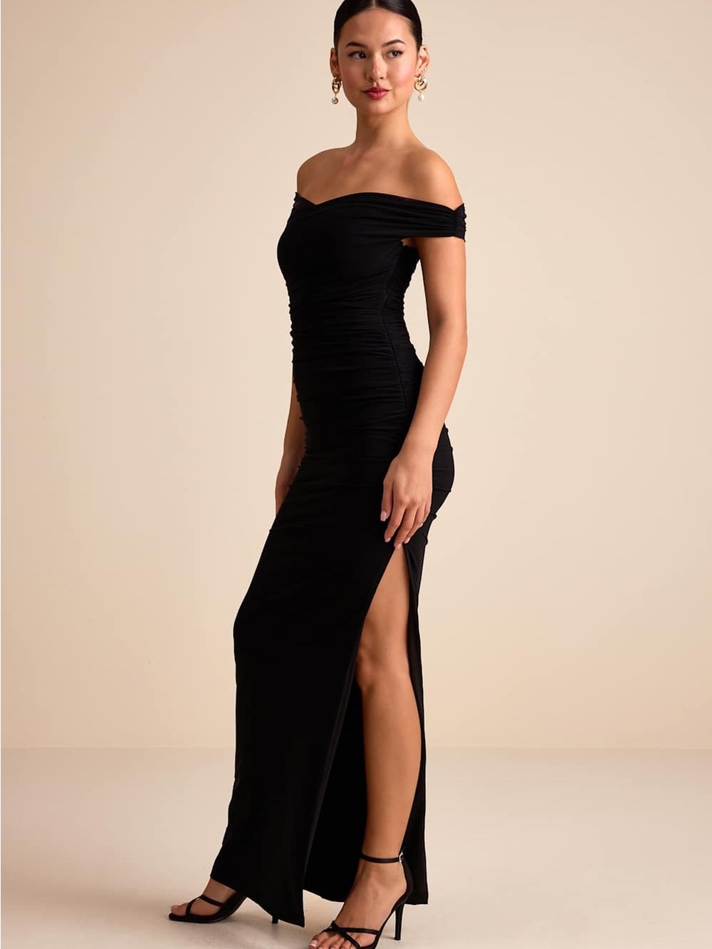 Lulu's Black One-Shoulder Ruched Maxi Dress with High Side Slit